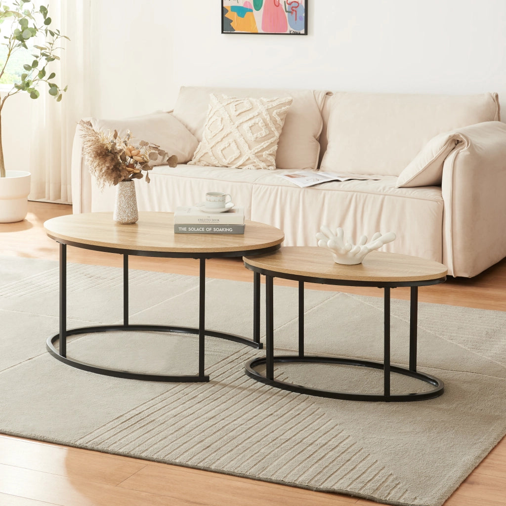 Set Niederlande di 2 Tavolini Sovrapponibili - Effetto Rovere / Nero [en.casa]