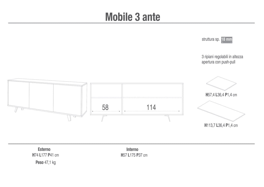 Mobile 3 Ante 177x74x41 cm Cemento/Bianco Lucido