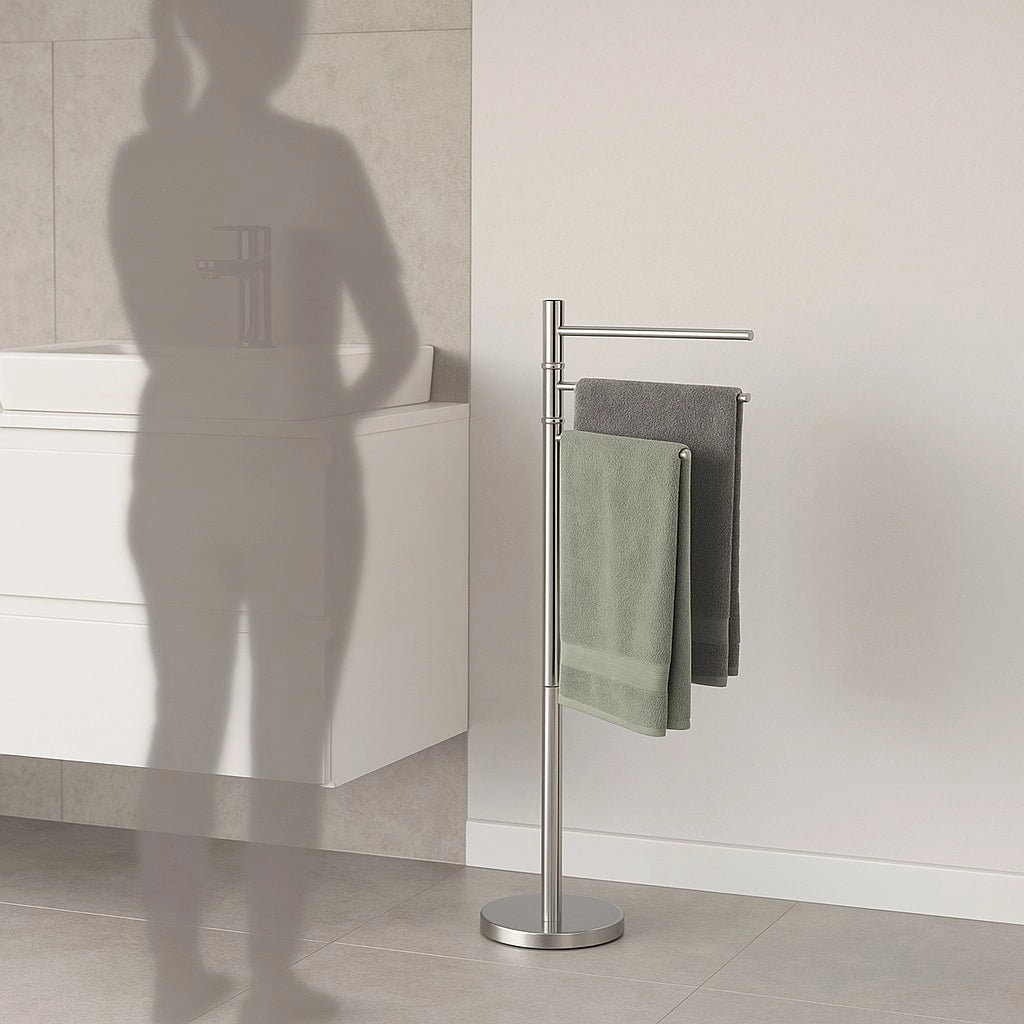 Piantana da Bagno Porta Asciugamani in Acciaio Inox Smaltato Cromo 3 Braccia Girevoli