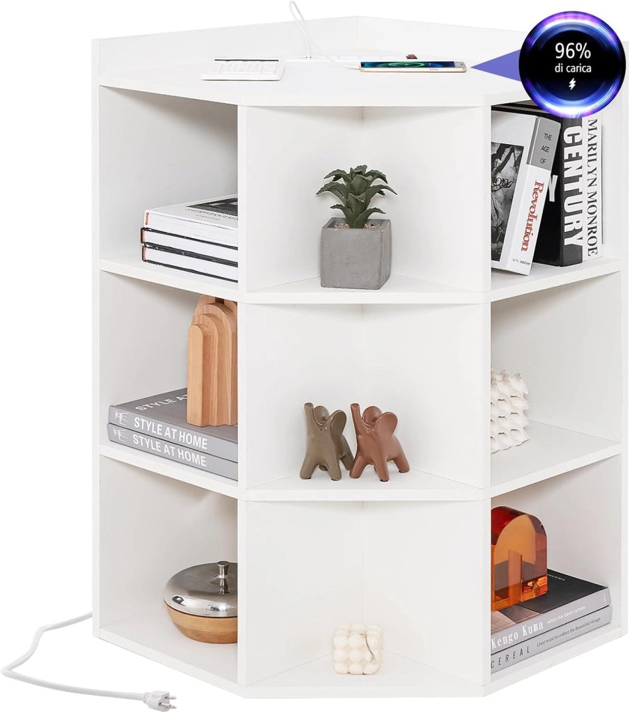Mobile ad Angolo a 3 Livelli in Legno, Libreria Angolare Aperta con Stazione di Ricarica 9 Cubi 2 Porte USB e 4 Prese, Adatto per Spazi Ridotti, 51x71,5x86 cm (Bianco)