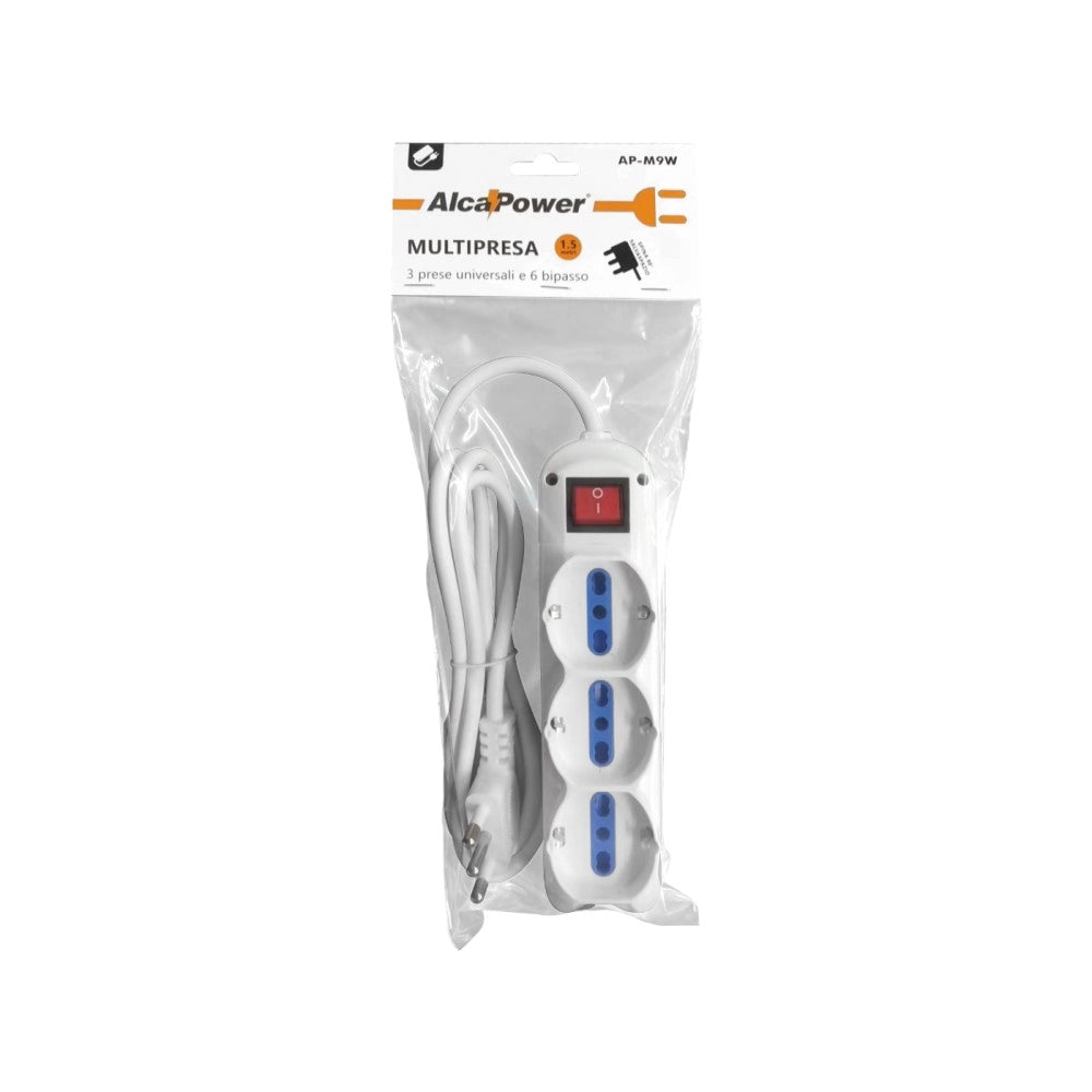 Alca power multipresa bianca con 6 bipasso + 3 universali con spinaa 90° cavo da 1,5mt con interruttore