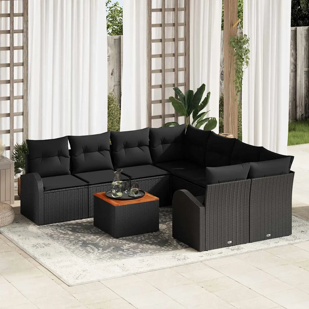 Set Divano da Giardino con cuscino 9 pcs Nero polyrattan