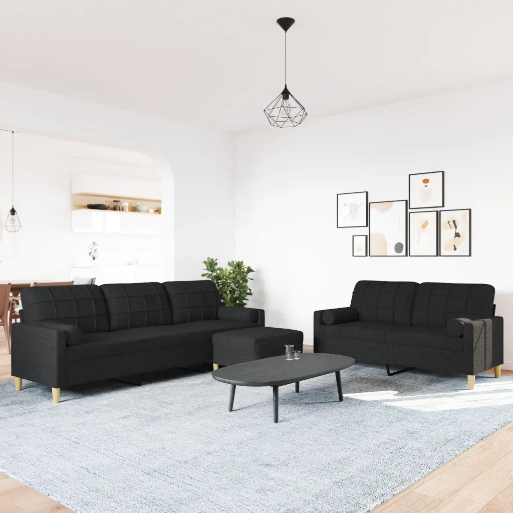 Set Divani 3 pz con Poggiapiedi e Cuscini Nero in Tessuto