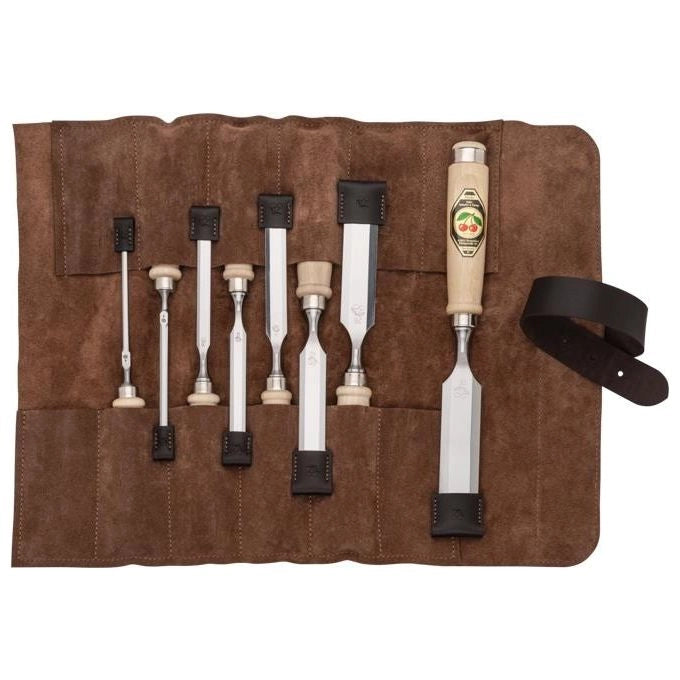Kirschen 1131002 Set di Scalpelli 8 Pezzi in Acciaio al Carbonio Temprato con Borsa in Pelle Scamosciata colore Beige