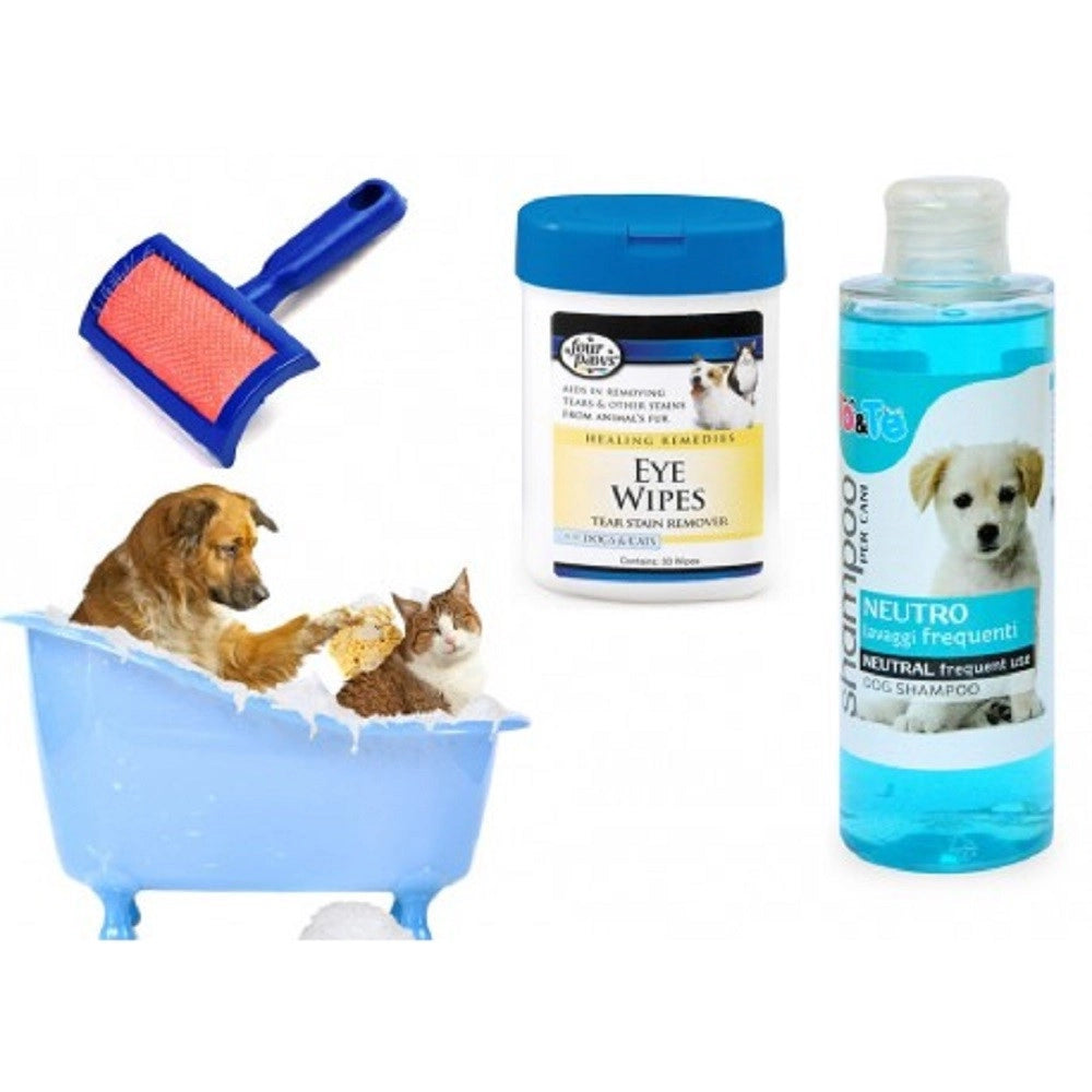 Trade Shop - Kit Pulizia Cani Shampoo Neutro Salviettine Spazzola Cardatore Lavaggi Frequenti -