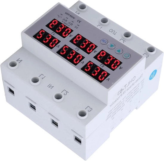 Multimetro a tre fasi su rail DIN - Contatore di corrente - Protezione contro sovracorrente e sottocorrente regolabile (40A) - AC 390-500V.