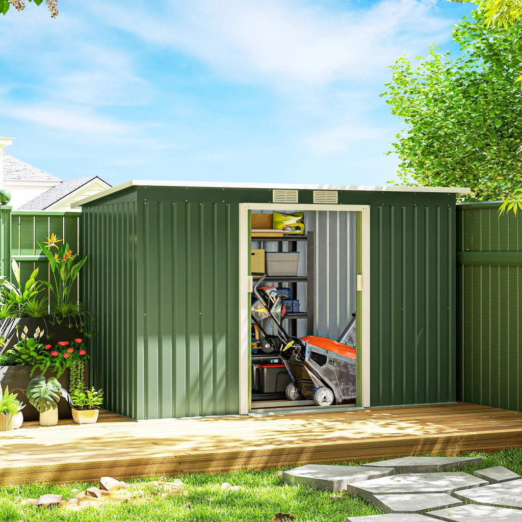 Casetta da Giardino 3.2m2 in Acciaio Zincato con Kit Fondazione. Prese d'Aria. Capanno Porta Attrezzi con Tetto Inclinato. Doppia Porta Scorrevole Bloccabile. Verde Chiaro