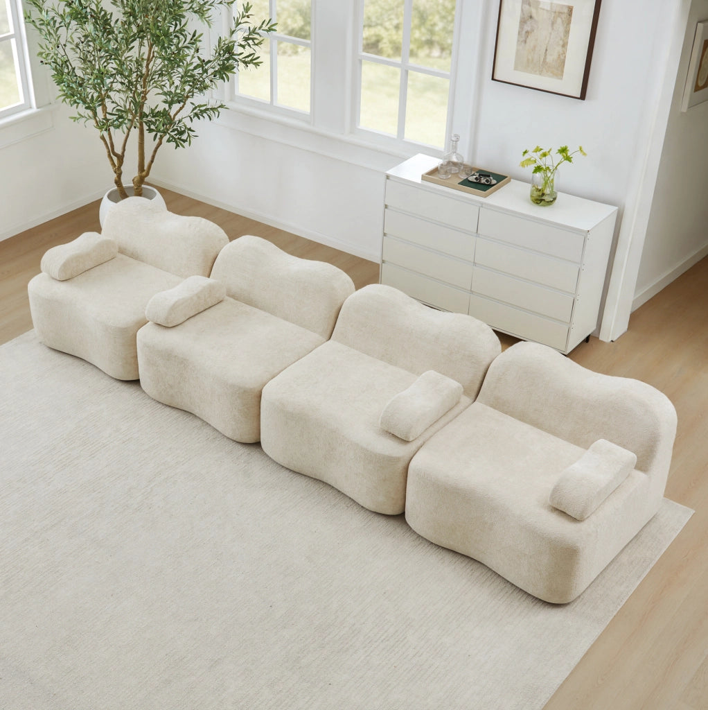 Divano modulare senza braccioli a forma ondulata, 4 posti, beige