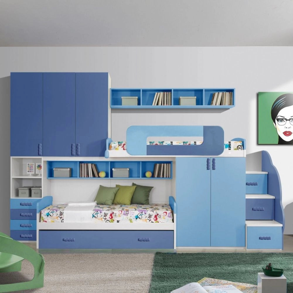 Cameretta soppalco bianco e blu 403x92x259
