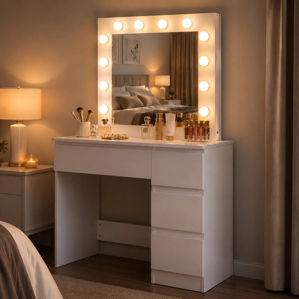 Toeletta Trucco con Luci Bianca Postazione Makeup 12 LED e Cassetti 94x43x140cm