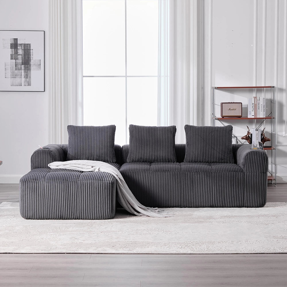 Divano compatto in velluto costato - Xylo - Grigio scuro, modulare, con tasca laterale e portabibite