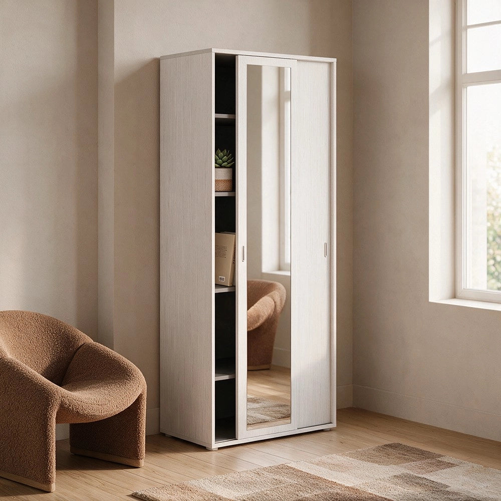 Armadio due ante scorrevoli 90x43x212h con ripiani e specchio colore bianco frassinato