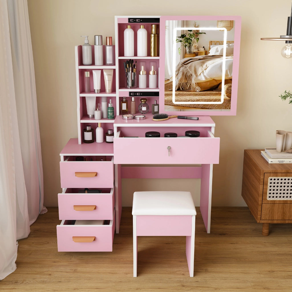 Toeletta con sgabello e specchio LED a 3 modalità in MDF rosa