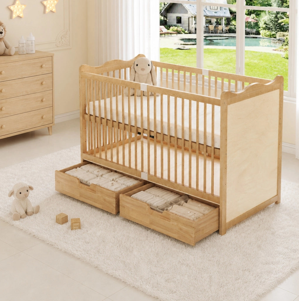 Lettino 146x75x100 cm in pino naturale, 4 altezze, cassetti, senza materasso