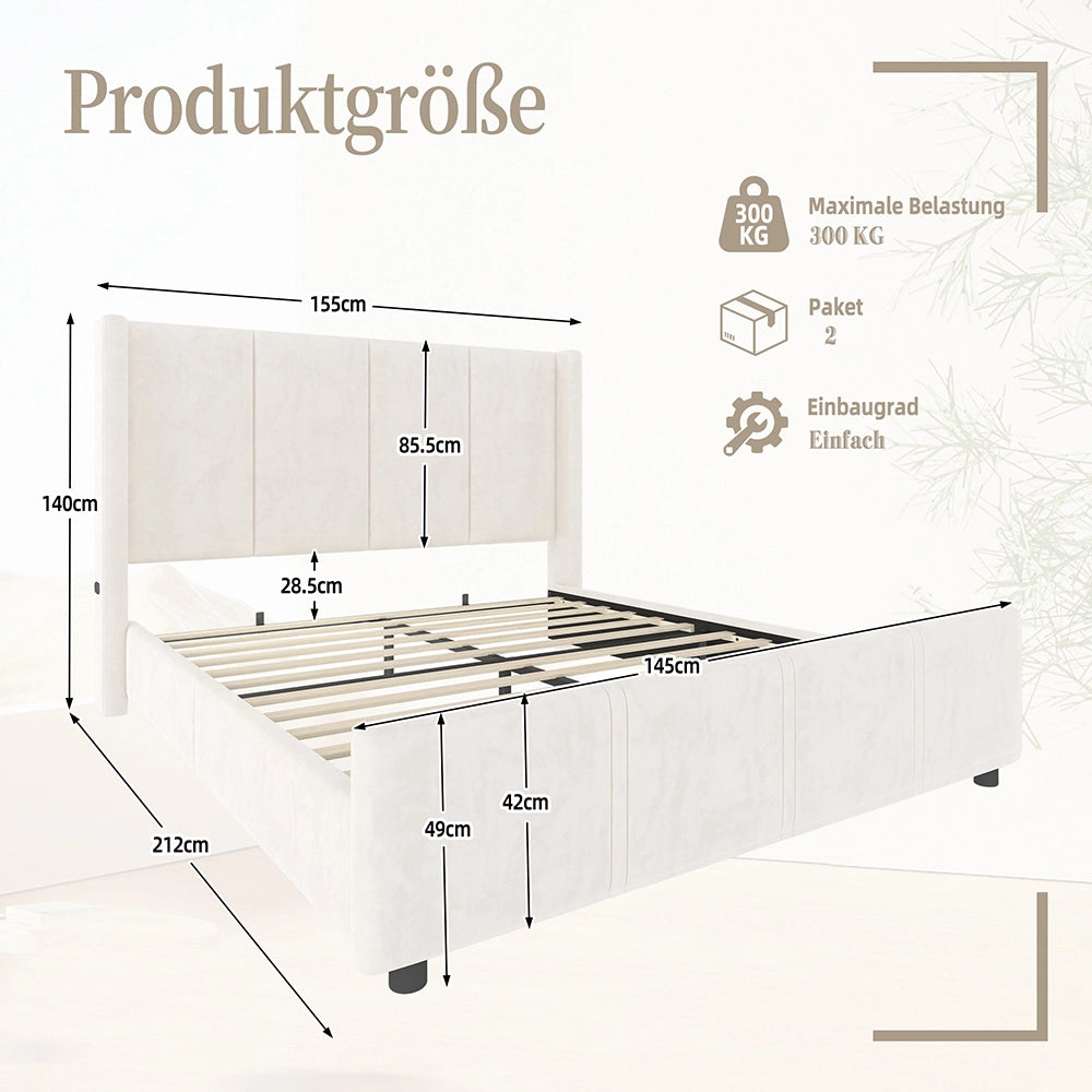 Letto-Xylo-140x200 cm-testiera alta, USB, ferro+legno, beige