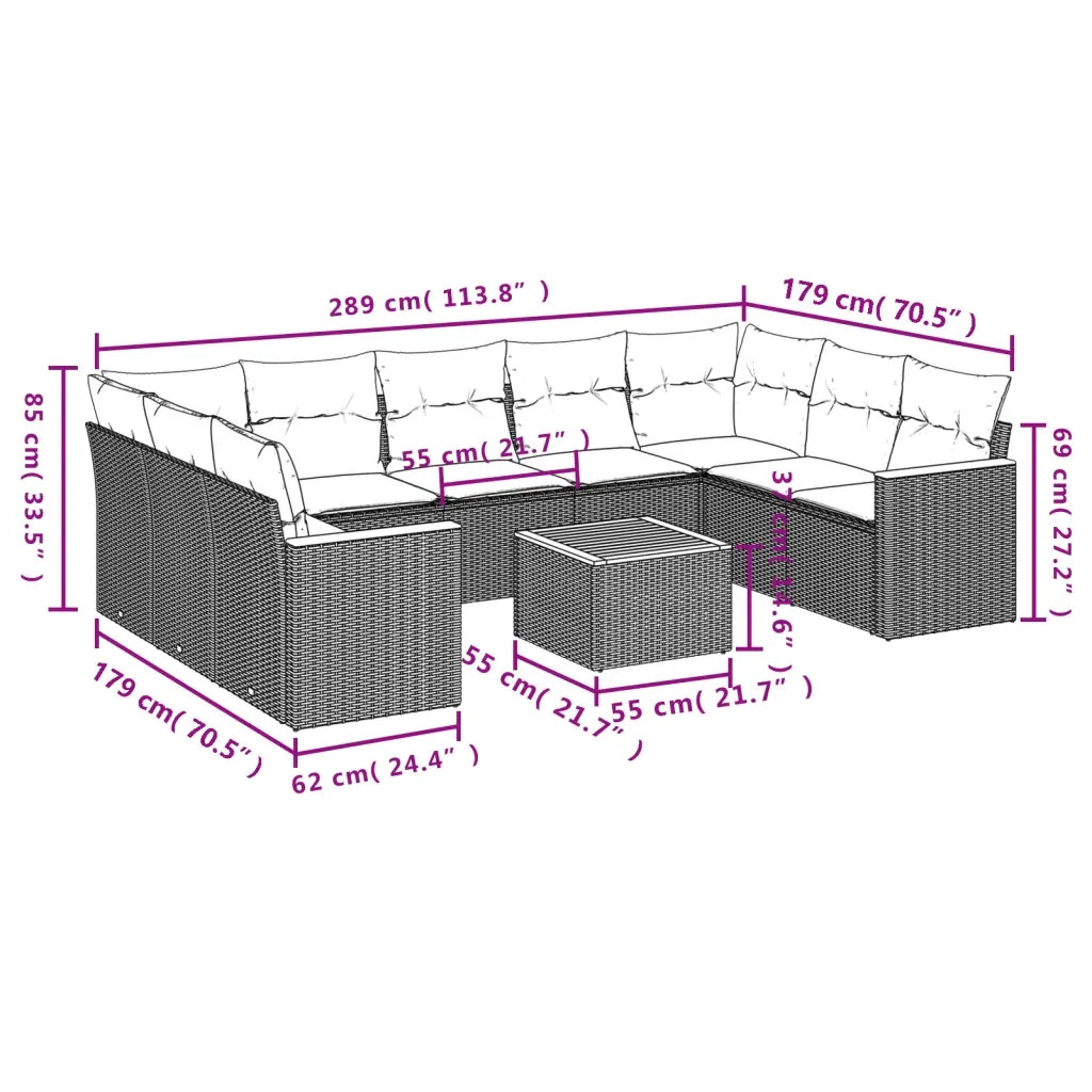 Set Divani da Giardino 10pz con Cuscini in Polyrattan Nero 3258681