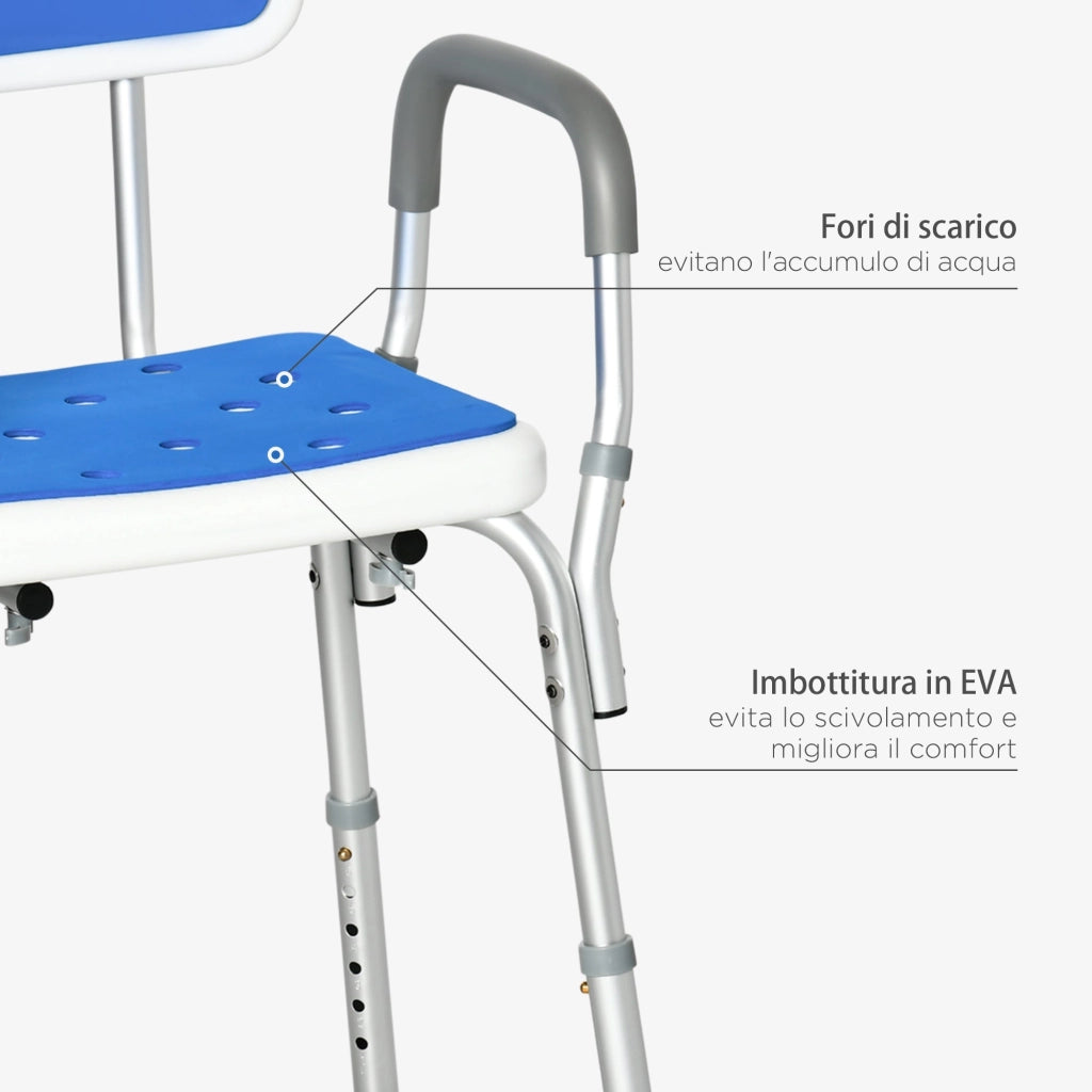 Sedia per Doccia con Imbottitura e Altezza Regolabile Braccioli e Piedini a Ventosa