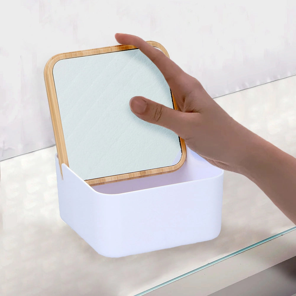 Portagioie con Specchio e Coperchio in Bambù Organizer per Trucco Bianco
