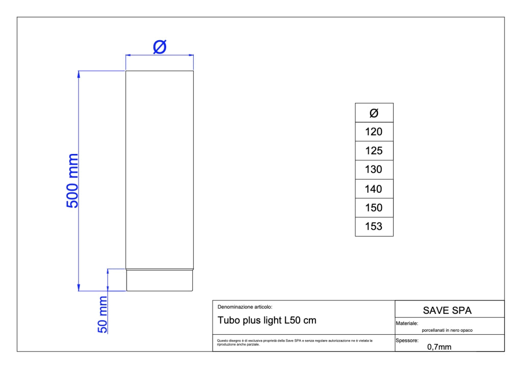 TUBO PER STUFA A LEGNA 'PLUS LIGHT' Ø 130x500 mm - SAVE