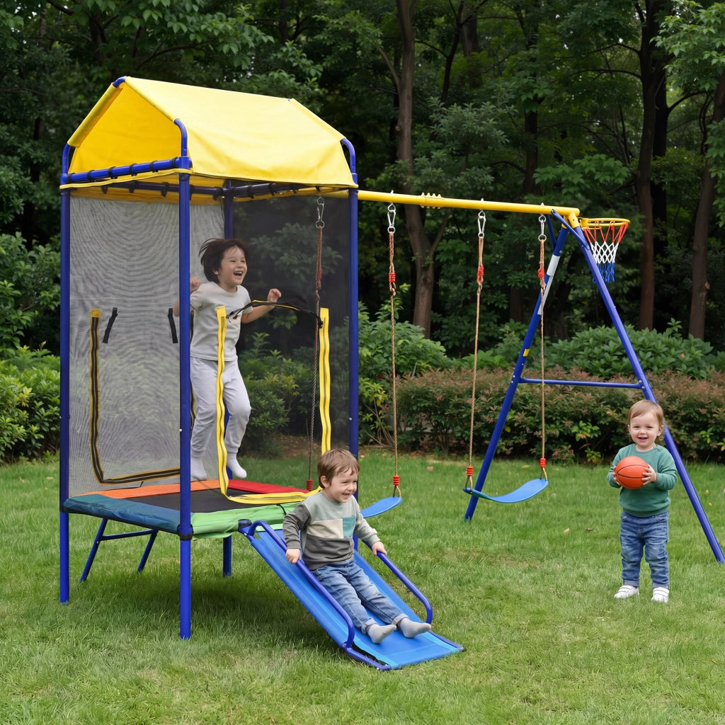 Struttura Gioco Esterno 4 In 1 Con Trampolino, Altalena Doppia, Scivolo E Canestro, Ferro, Colorato