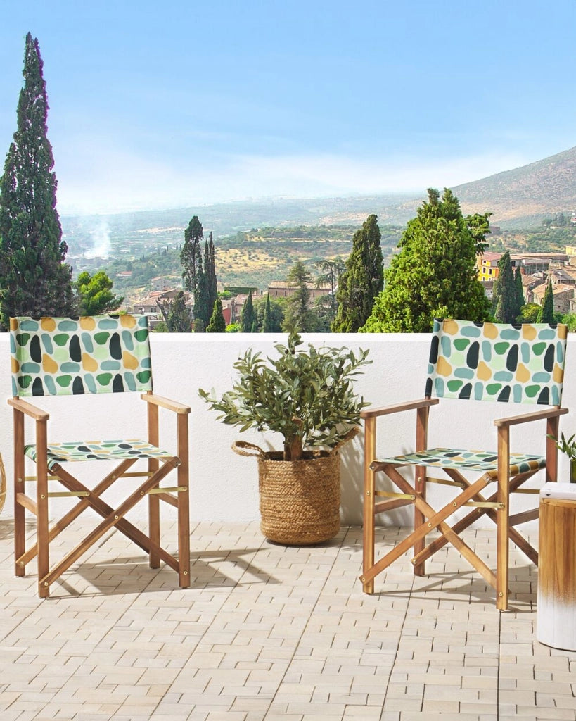 Set di 2 sedie da regista da giardino in legno chiaro con tessuto di ricambio in acacia bianco sporco con motivo astratto pieghevole con 2 Tele intercambiabili