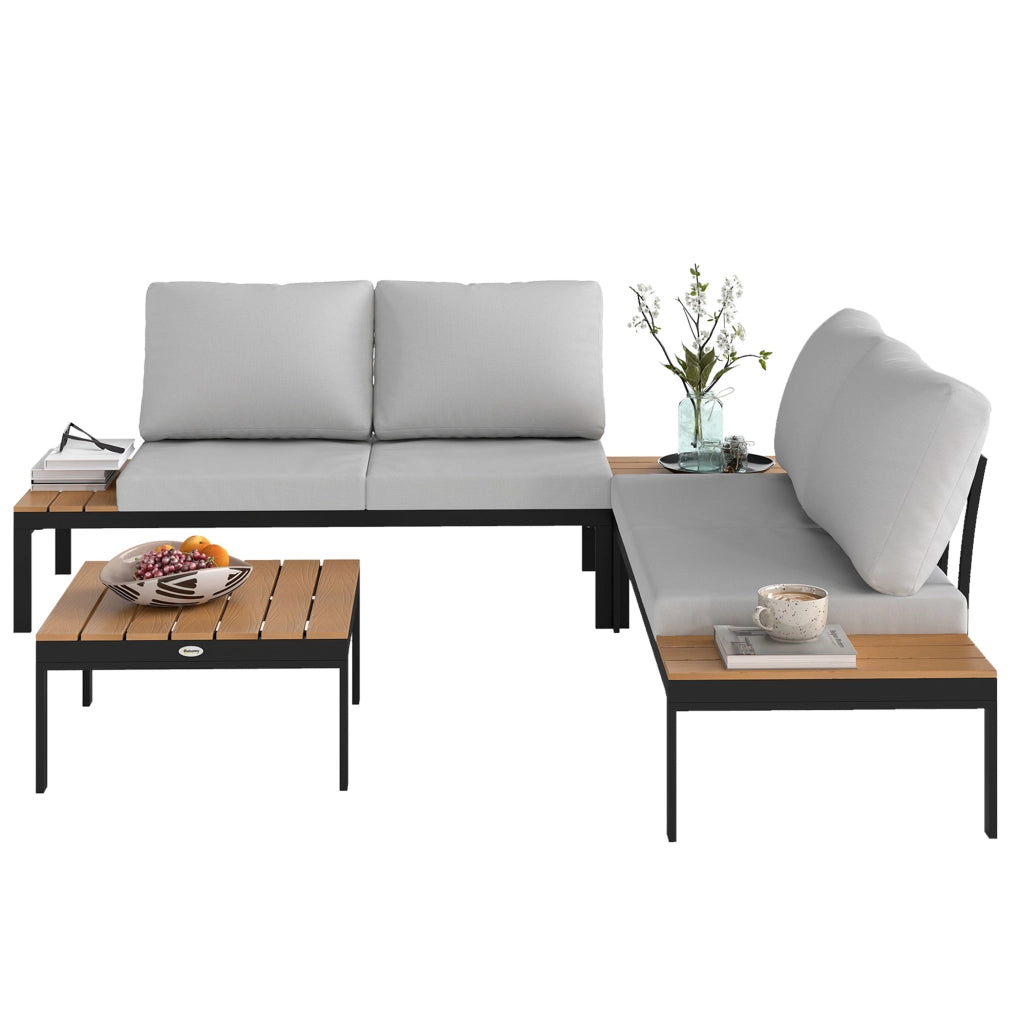 Set da Giardino 4 Pezzi con Divanetti e Tavolini ¨C zephmum ¨C Metallo, Legno Composito, Grigio Nero e Teak