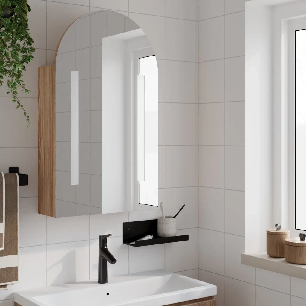Armadietto Bagno con Specchio e LED ad Arco Rovere 42x13x70 cm 357976