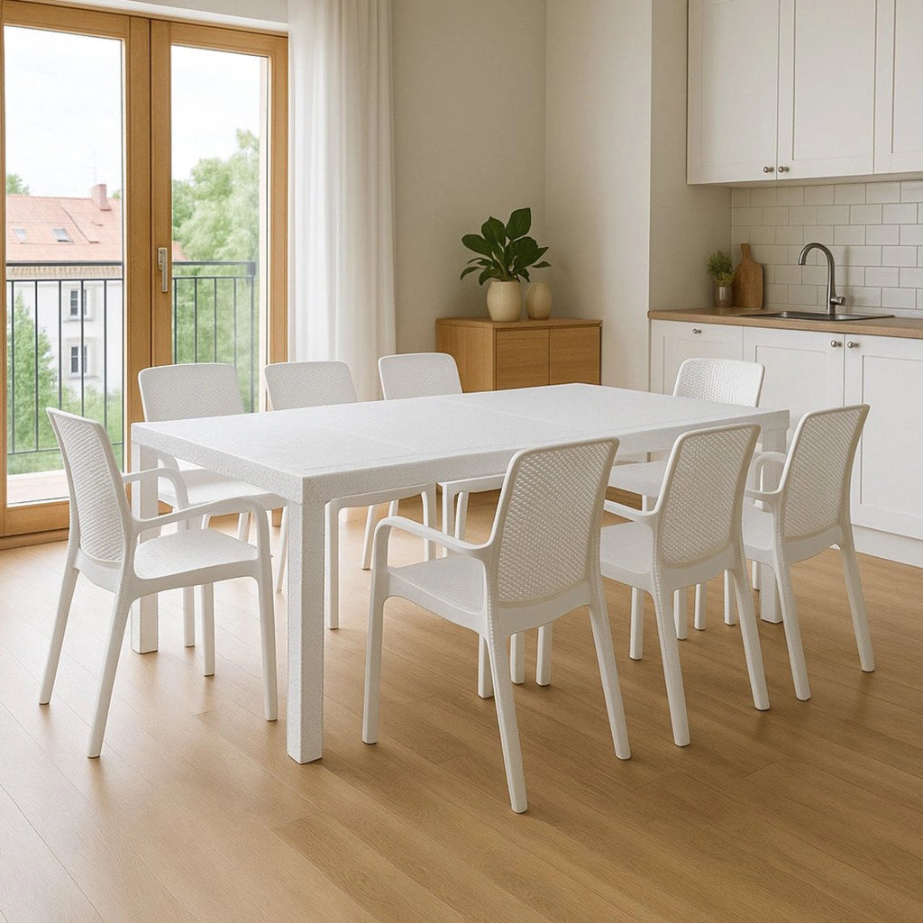 Set tavolo e sedie Cortanze, Salottino indoor, Tavolo rettangolare allungabile con 8 sedie con braccioli, Made in Italy, Bianco