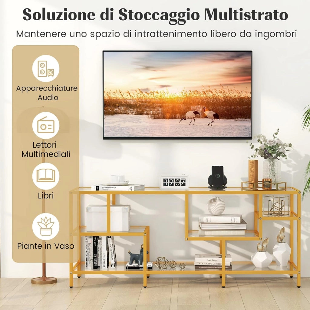 Mobile Porta TV fino a 65’’, Tavolo Consolle TV con Mensole in Vetro Temperato, Mobile TV con Struttura in Metallo, Supporto TV con Struttura in Metallo, per Soggiorno, Camera da Letto