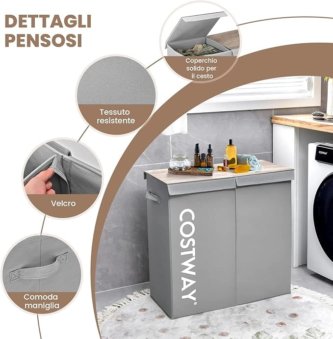 115 L Cesto Portabiancheria con Coperchio, Portabiancheria Sporca con 2 Scomparti e Maniglie, in Tessuto Non Tessuto, Ideale per Bagno Lavanderia, 62 x 31 x 60 cm (Grigio)