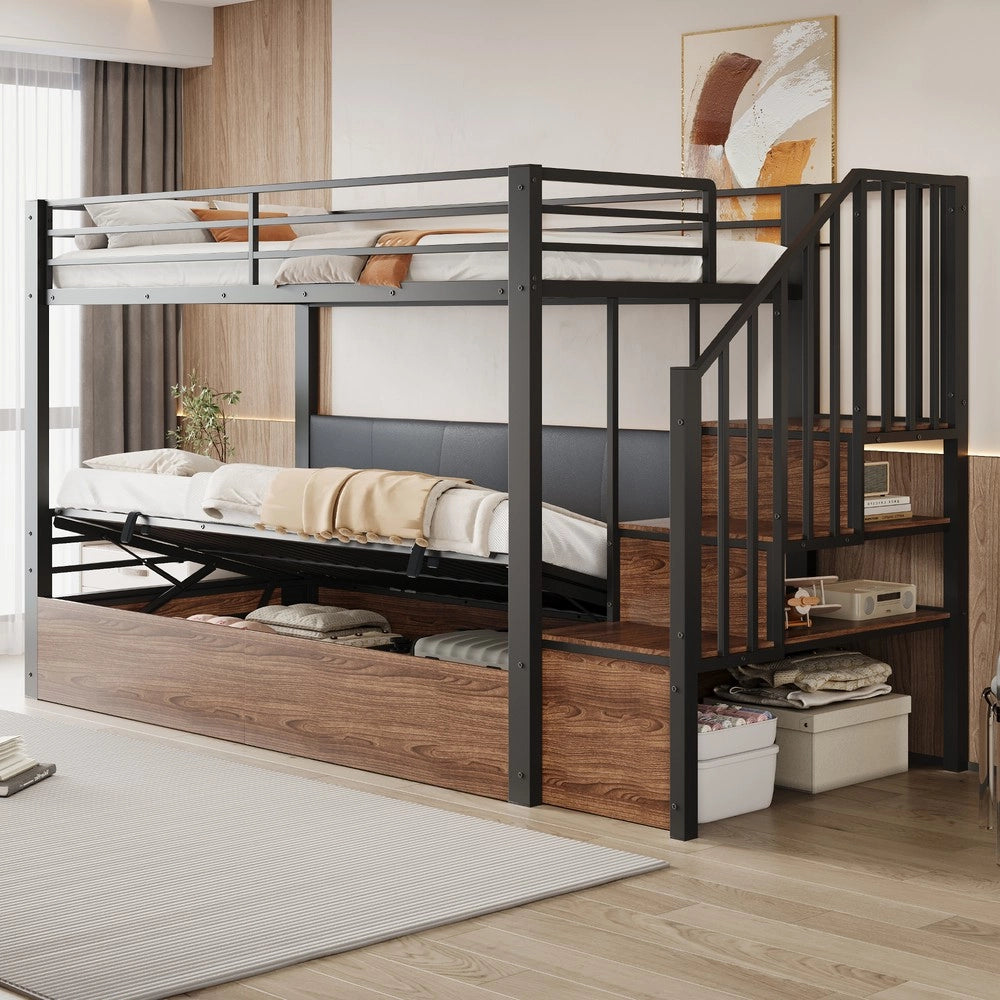 Letto a castello in ferro - Zephmum - 90x200 cm - Nero - Schienale imbottito, funzione idraulica, scala di sicurezza