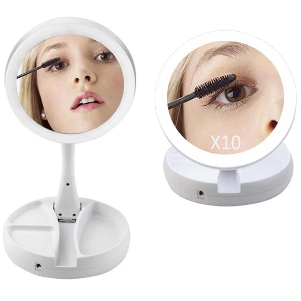 Trade Shop - Specchio Trucco Luce Led Da Tavolo Bifacciale 10x/1x 360° Contenitore Portatile Pieghevole -