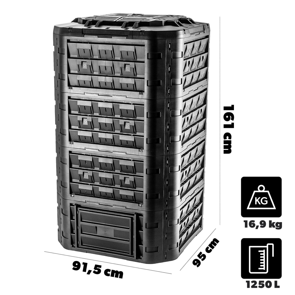 Compostiera modulare da giardino KADAX, nera, resistente al gelo, grande XXL, 1250 litri.