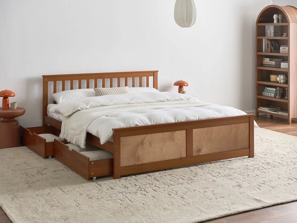 Letto matrimoniale in legno di Pino marrone con contenitore e 2 cassetti 160 x 200 cm Testiera a doghe minimalista