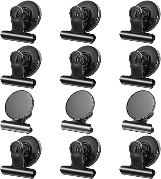 12 pacchetto di clip magnetiche nere, clip magnetiche forti per frigoriferi con adesivi resistenti alle abrasioni, magneti per lavagne per lavagne magnetiche, clip metallica magnetica, clip magnetica forte per frigoriferi.