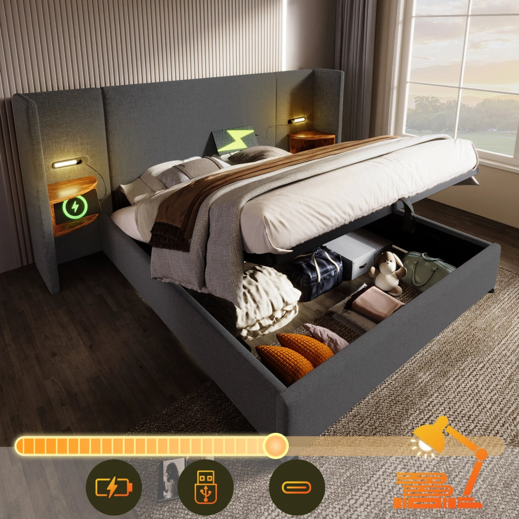 Set camera – 160x200 cm – comodino luce USBC contenitore – lino grigio