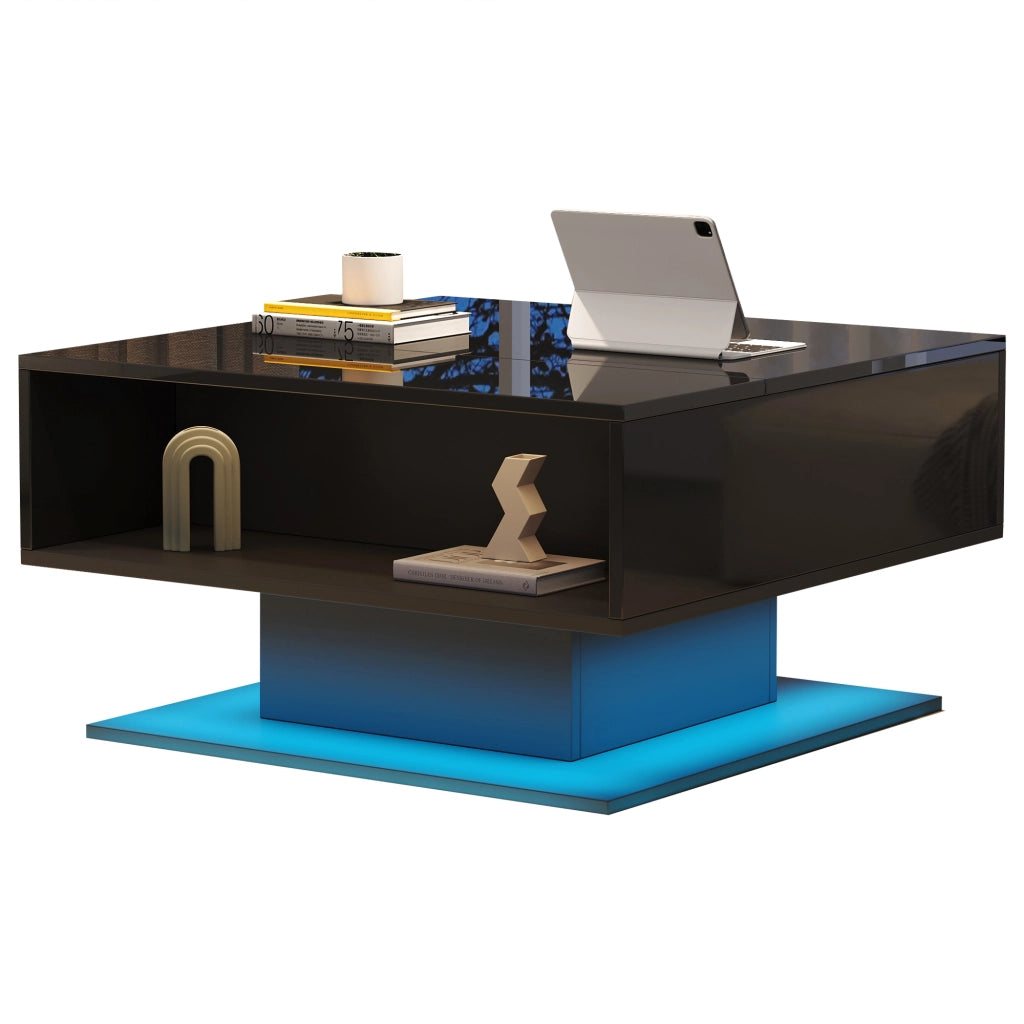 OKWISH Tavolino da Salotto Alzabile con Vano Contenitore e Spazio Semiaperto, LED, per Soggiorno, Pannello di Particelle, Nero, 80 x 75 x 40 cm