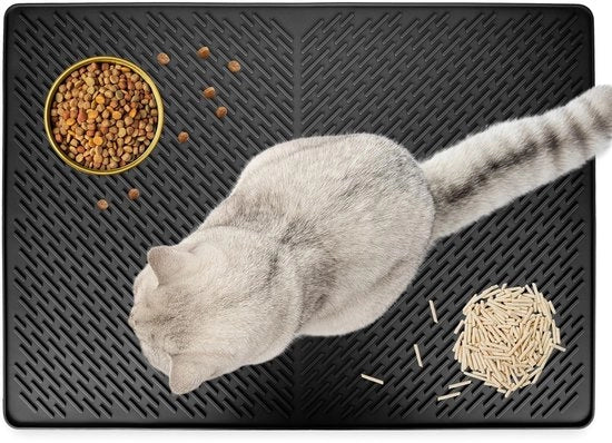 Mat di gatto in silicone, 70 x 50 cm, basso antiscivolo, impermeabile, basso mat di gatto, facile da pulire, mat di gatto antiscivolo per controllo della sabbia (nero)