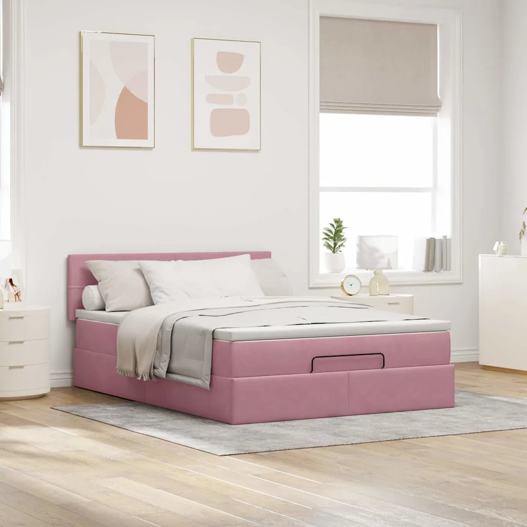Struttura Letto Pouf con Materasso Rosa 140x190 cm in Velluto 3311776