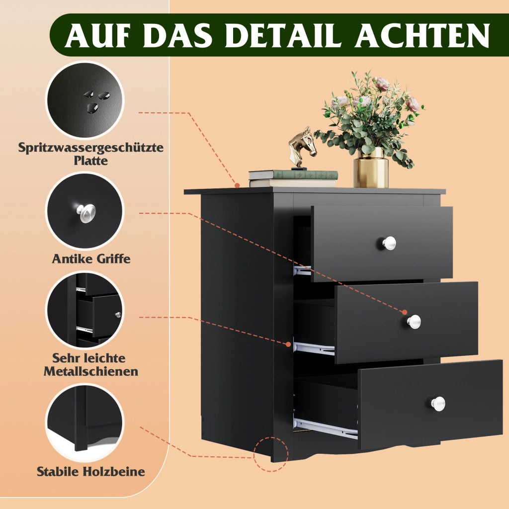 Comodino 3 Cassetti con Prese USB e Stazione di Ricarica ¨C zephmum ¨C 2 St¨¹ck, Nero