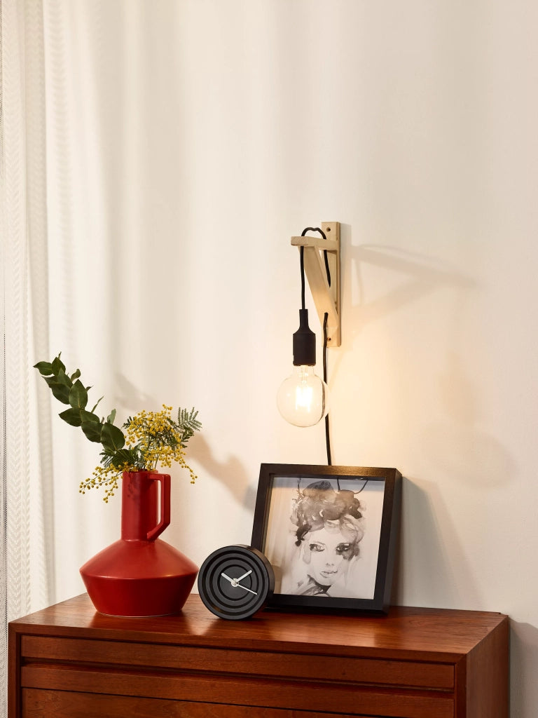 Applique scandinava nera/legno Fix Wall 1 luce E27 Lucide