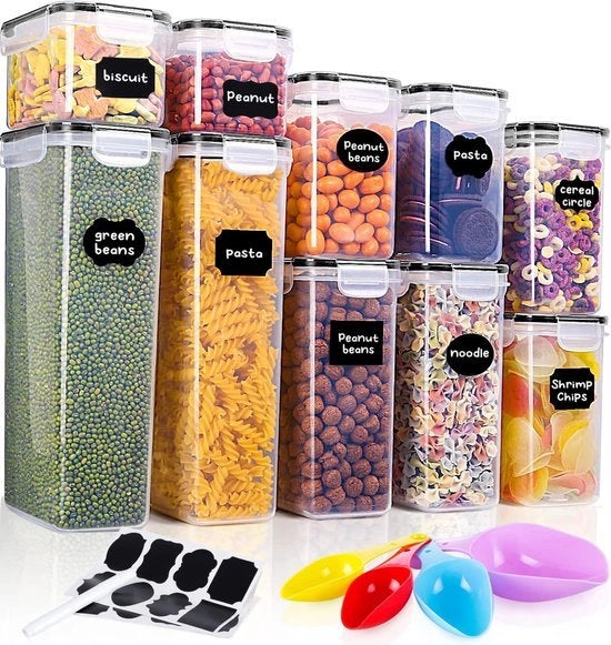 Set di conservazione in plastica da 10 dozzine di muesli (2 x 0,8 l + 2 x 1,4 l + 2 x 1,6 l + 2 x 2,8 l) contenitori da conservazione a chiusura ermetica con coperchio e etichette, cucchiaio di misura per cereali, farina, zucchero