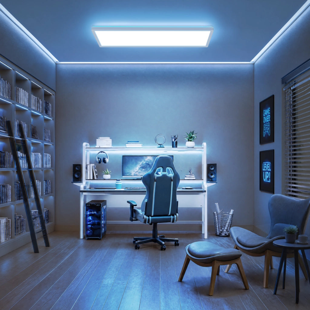 ZMH Lampada da soffitto LED Pannello Dimmabile Lungo Luce Diurna Retroilluminazione RGB Ufficio 22W per Soggiorno Bianco