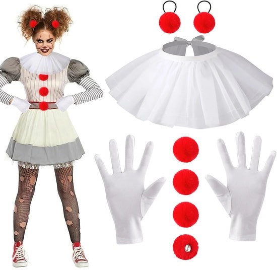 Costume da Clown - Inclusa camicia da clown con ruches - Manopole da clown - Piume rosse - Adatto per adulti/bambini - Materiale ecologico - Abito da clown