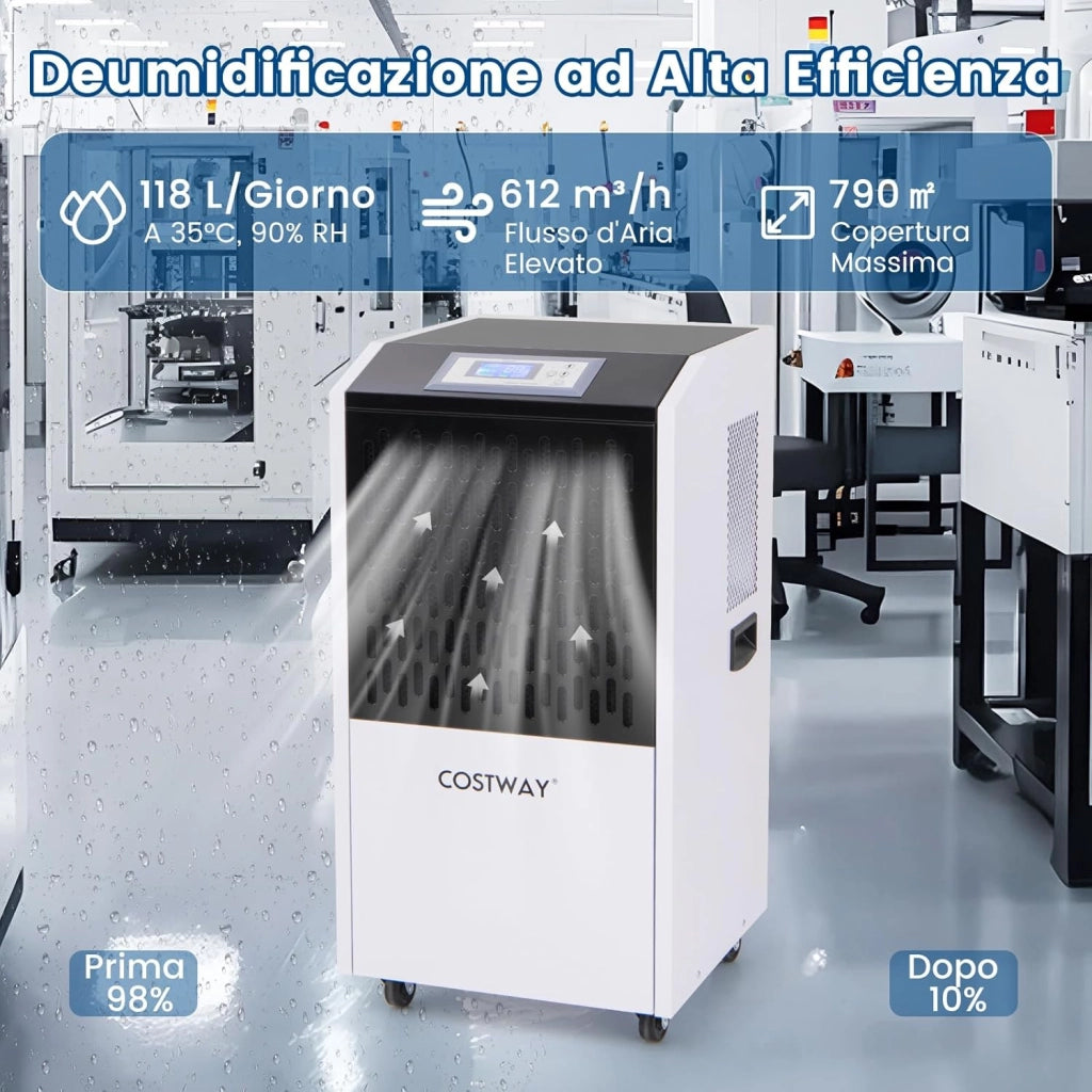 118L Deumidificatore Commerciale con Tubo di Scarico, Deumidificatore Industriale con Timer 24H e 4 Ruote, per Scantinati Magazzini e Grandi Spazi Fino a 790㎡