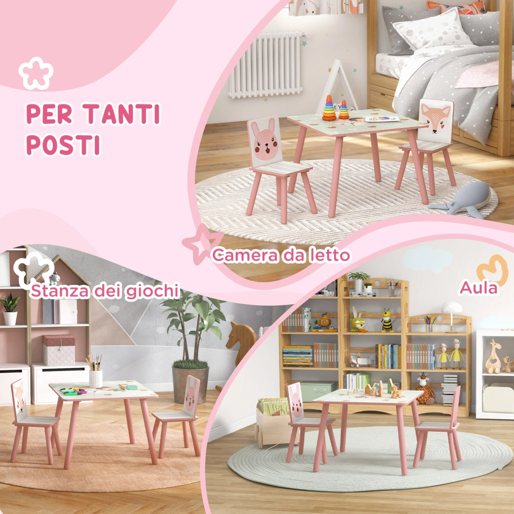 Tavolo e Sedie per Bambini ¨C Minimal ¨C Legno, Rosa, 3 Pezzi