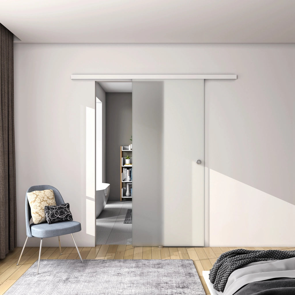 105x225 cm Porta Scorrevole in Vetro da 8 mm Temperato Opaco con Pellicola Anti-frantumi con Binario in Alluminio Bianco Verniciato