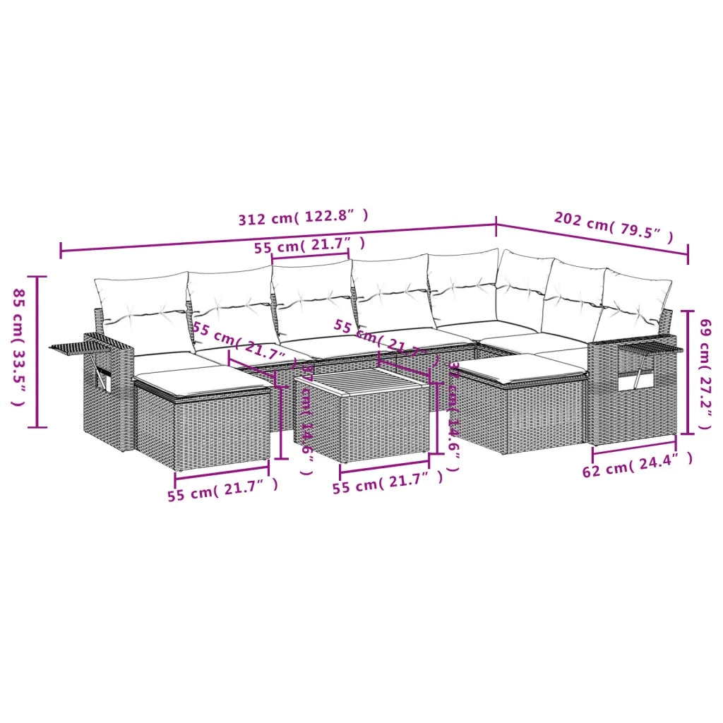 Set Divani da Giardino 10pz con Cuscini in Polyrattan Nero 3224844