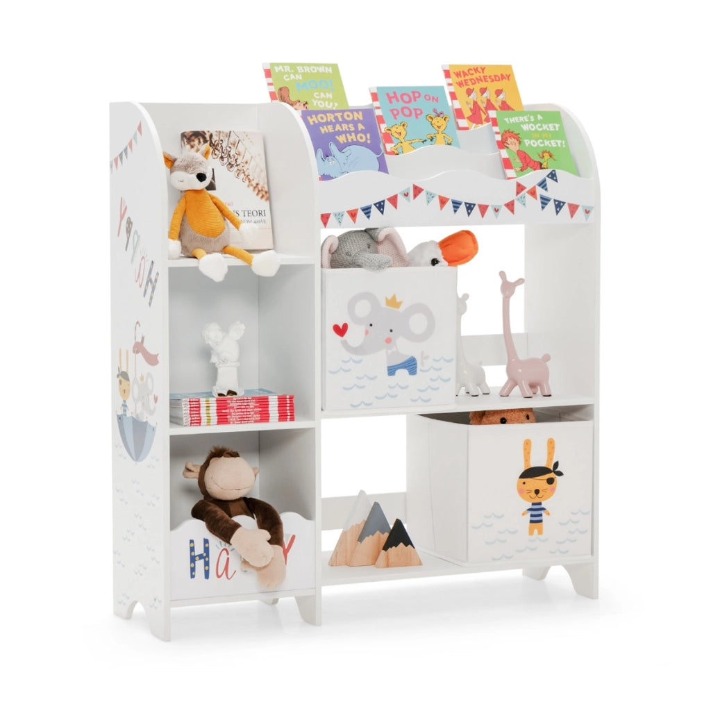 Armadio a 3 livelli con 5 scompartimenti e 2 cassetti, Organizer per bambini per giocattoli e libri Bianco