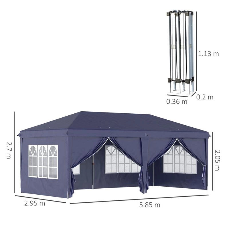 GAZEBO PIEGHEVOLE DA GIARDINO ESTERNO CON 6 PANNELLI LATERALI, 585X295 CM, BLU